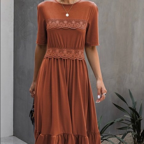 chinese dress ladies Latin Quarters Women Rust Floral Lace Fit & Flare Midi Dress for Party